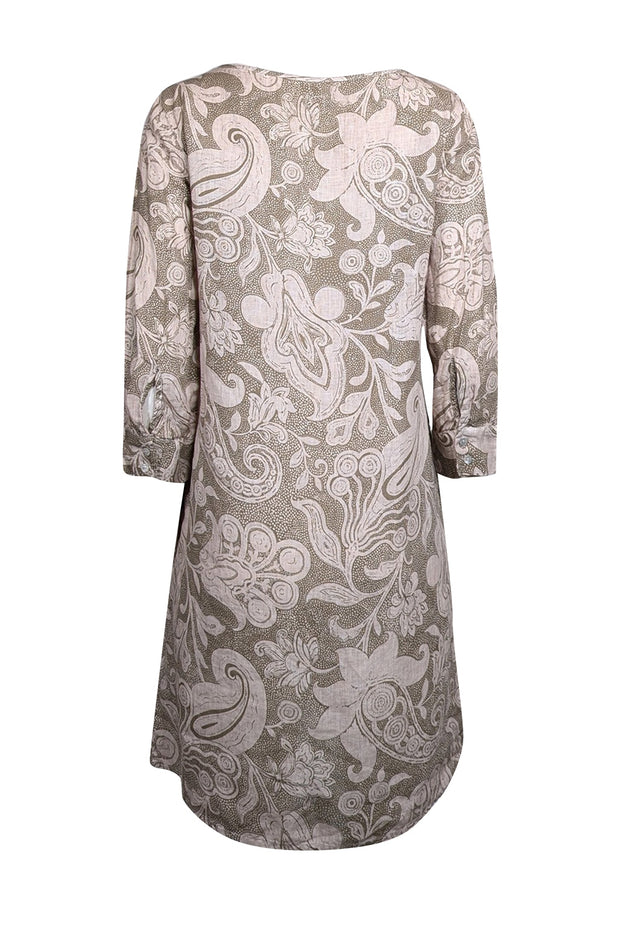 Current Boutique-120% Lino - Olive & Beige Paisley Print Linen Dress Sz 8