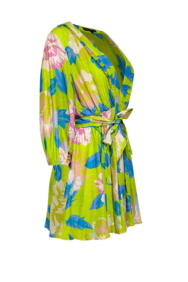 Current Boutique-A Peace Treaty - Green & Multi Color Floral V-Neckline Linen Blend Dress Sz M