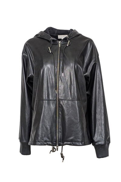 Current Boutique-A.L.C. - Black Faux Leather Zip-Up Hooded Jacket Sz S