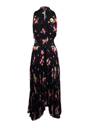 Current Boutique-A.L.C. - Black w/ Pink Floral Print Pleated Satin Mock Neck Dress Sz 8