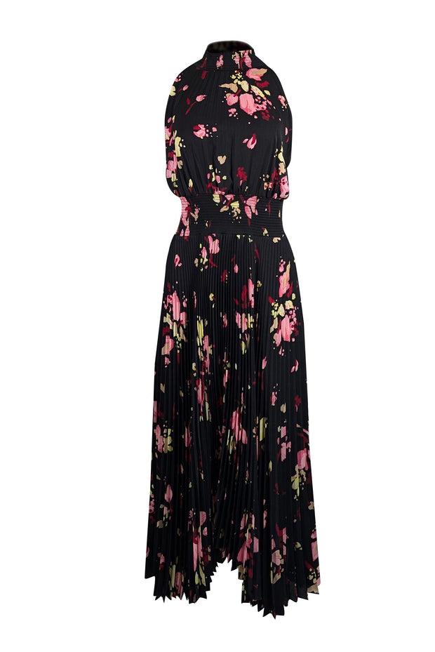 Current Boutique-A.L.C. - Black w/ Pink Floral Print Pleated Satin Mock Neck Dress Sz 8