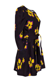 Current Boutique-A.L.C. - Dark Burgundy w/ Yellow & Magenta Floral Print Silk Belted Dress Sz 8