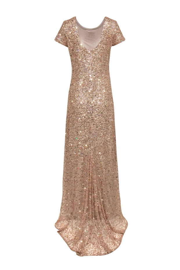 Current Boutique-Adrianna Papell - Gold Sequin Short Sleeve Gown Sz 12