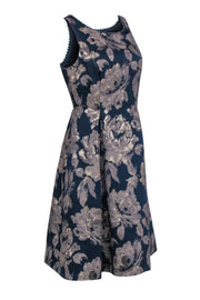 Current Boutique-Adrianna Papell - Navy & Gold Floral Print Dress w/ Beaded Neckline Sz 12