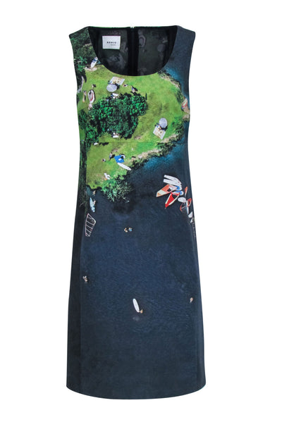 Current Boutique-Akris Punto - Blue & Green "Lake" Printed Sleeveless Shift Dress Sz 10