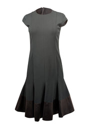 Current Boutique-Akris Punto - Dark Green Shift Dress w/ Ruffled Faux Leather Trim Sz 6