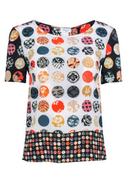 Current Boutique-Akris Punto - Ivory, Black, & Multi Color Print Short Sleeve Silk Top Sz 4