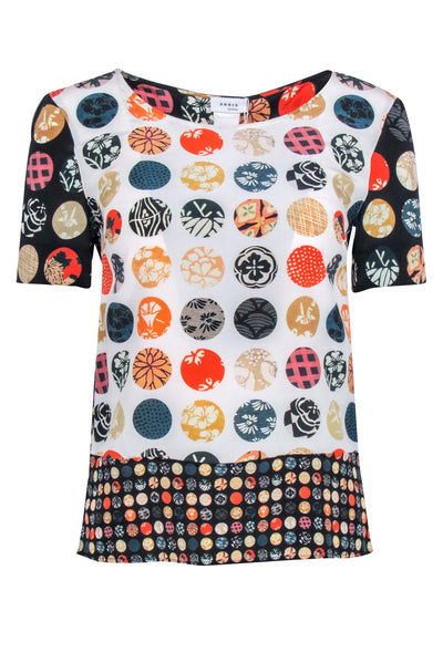 Current Boutique-Akris Punto - Ivory, Black, & Multi Color Print Short Sleeve Silk Top Sz 4