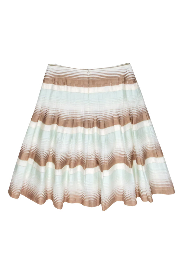 Current Boutique-Akris Punto - Tan & Blue Striped Pleated Skirt Sz 8