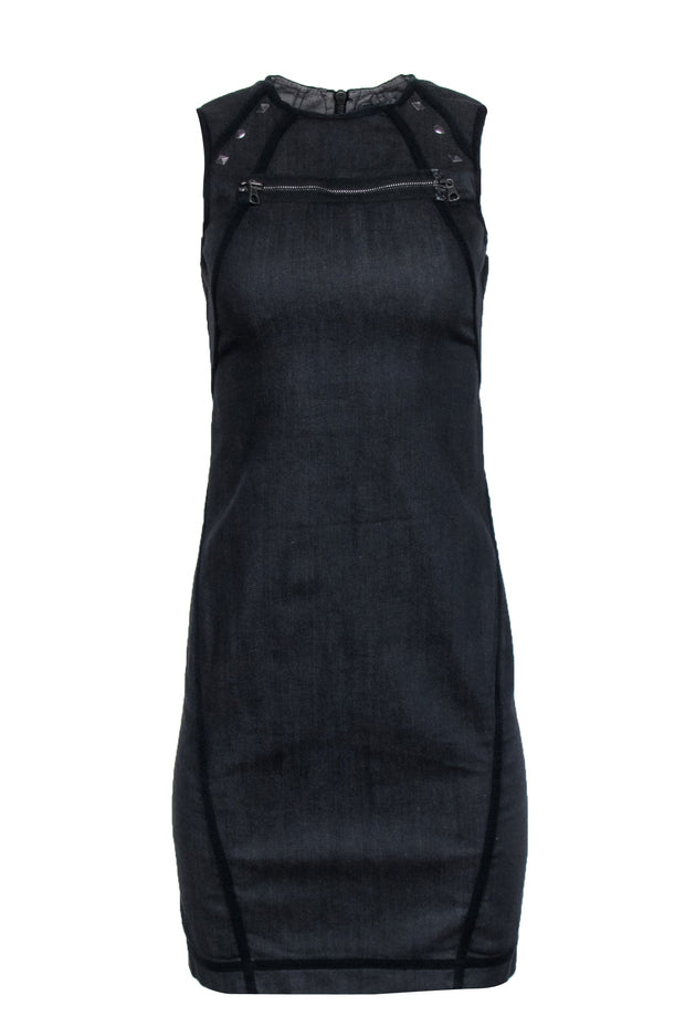 Current Boutique-Alexander McQueen - Black Wash Denim Stud Trim Dress Sz 4