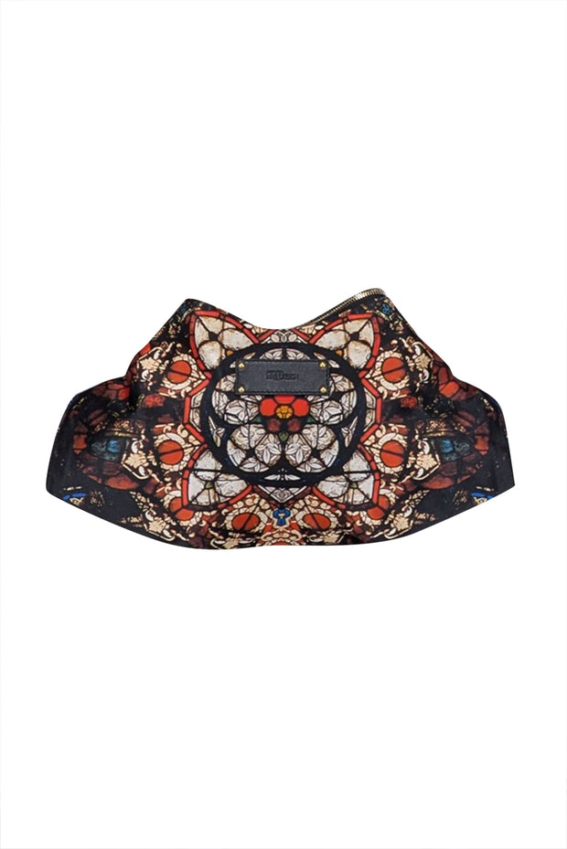 Current Boutique-Alexander McQueen - Black w/ Cream & Red Medallion Print Satin Manta Clutch Bag