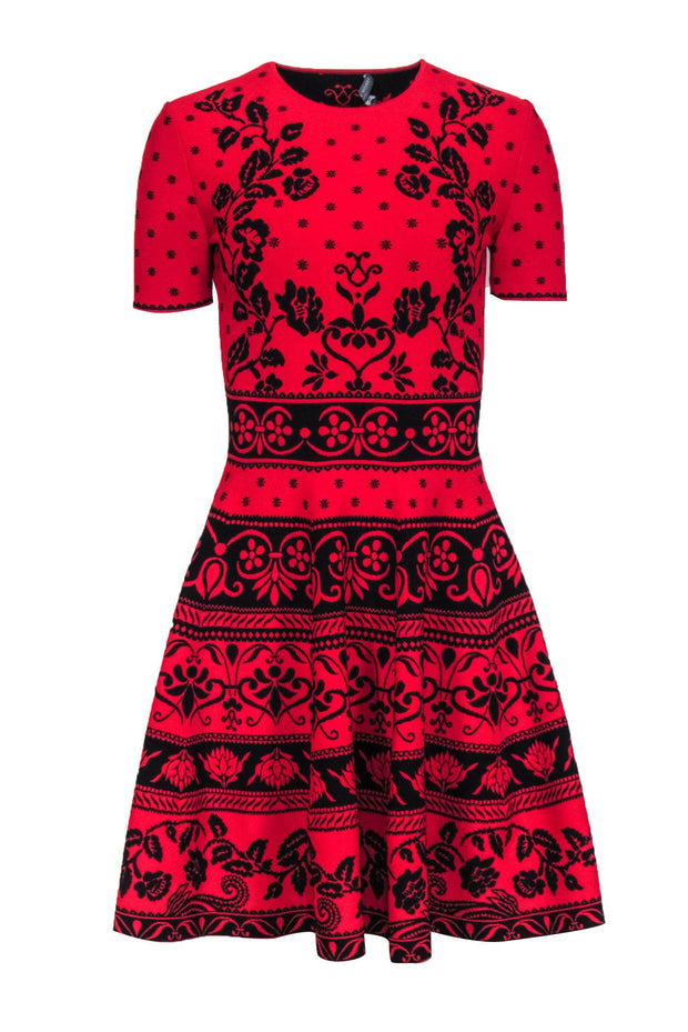 Current Boutique-Alexander McQueen - Red & Black Floral Print Knit Short Sleeve Dress Sz S