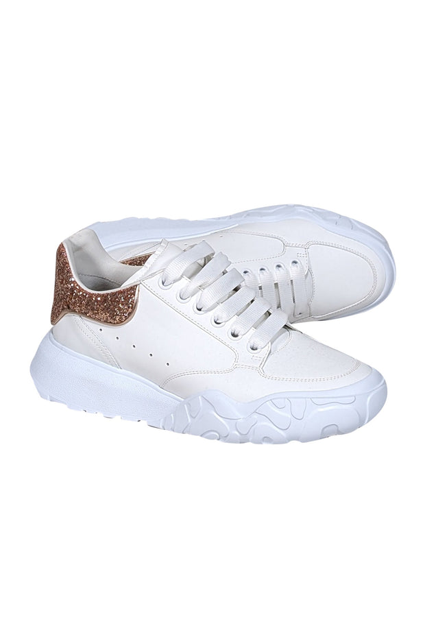 Current Boutique-Alexander McQueen - White Leather Lace Up Sneakers w/ Rose Gold Detail Sz 10