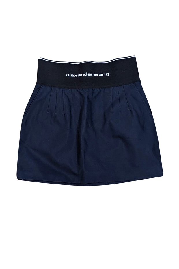 Current Boutique-Alexander Wang - Navy Cotton Blend Mini Skirt w/ Logo Elastic Sz 12