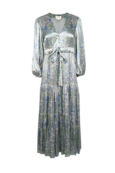 Current Boutique-Alexis - Blue, Cream, & Green Print Satin Maxi Dress Sz XS