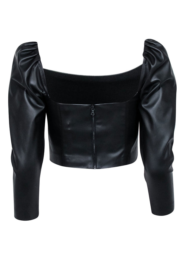 Current Boutique-Alice & Olivia - Black Faux Leather Cropped Puff Sleeve Top Sz 4