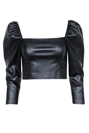 Current Boutique-Alice & Olivia - Black Faux Leather Cropped Puff Sleeve Top Sz 4