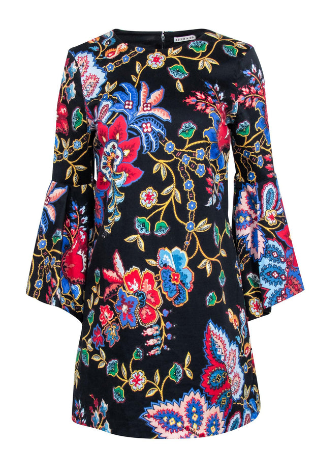 Current Boutique-Alice & Olivia - Black Floral Print Shift Dress w/ Bell Sleeves Sz 6