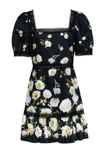 Current Boutique-Alice & Olivia - Black Floral Print Short Sleeve "Wylie" Mini Dress Sz 12