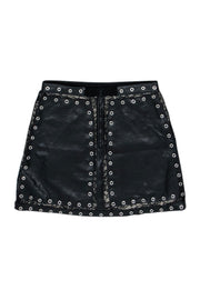 Current Boutique-Alice & Olivia - Black Leather & Lace Grommet Detail Skirt Sz 10