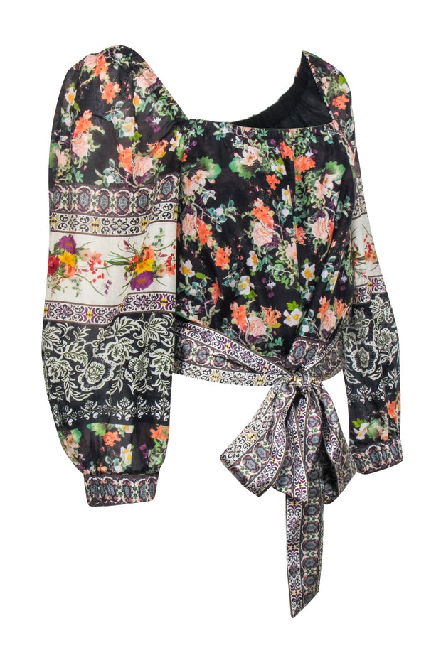 Current Boutique-Alice & Olivia - Black Multi Color Floral Print Tie Hem Silk "Clarabelle" Blouse Sz L