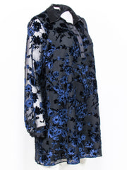 Current Boutique-Alice & Olivia - Black & Navy Velvet Floral Pattern Shift Dress Sz 6