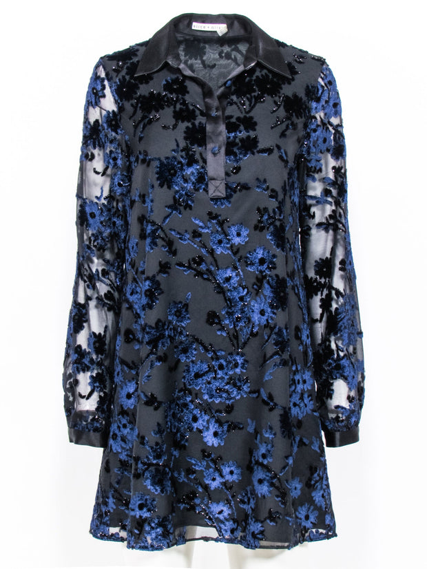 Current Boutique-Alice & Olivia - Black & Navy Velvet Floral Pattern Shift Dress Sz 6