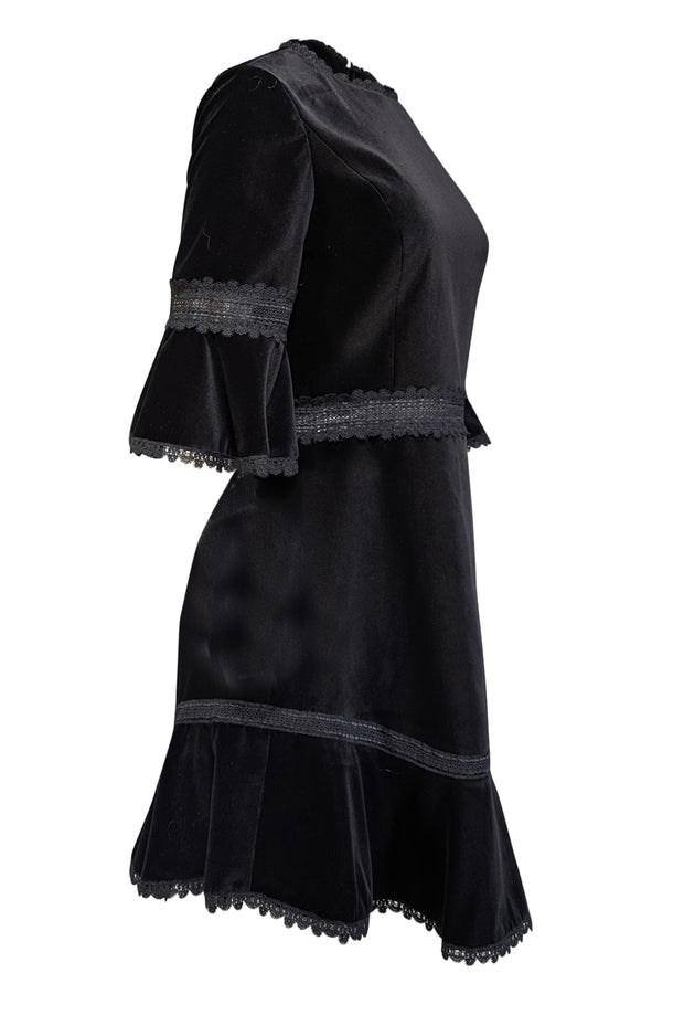 Current Boutique-Alice & Olivia - Black Velvet Bell Sleeve Dress w/ Lace Trim Sz 10