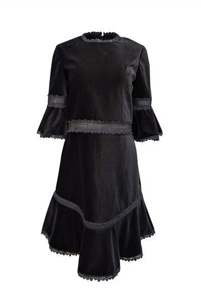 Current Boutique-Alice & Olivia - Black Velvet Bell Sleeve Dress w/ Lace Trim Sz 10