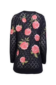 Current Boutique-Alice & Olivia - Black Wool Blend Cardigan w/ Pink Floral Embroidery Sz S