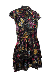 Current Boutique-Alice & Olivia - Black w/ Multicolor Burnout Floral Print Ruffled Mini Dress Sz 4