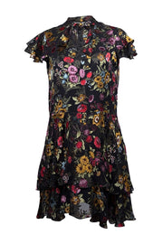 Current Boutique-Alice & Olivia - Black w/ Multicolor Burnout Floral Print Ruffled Mini Dress Sz 4