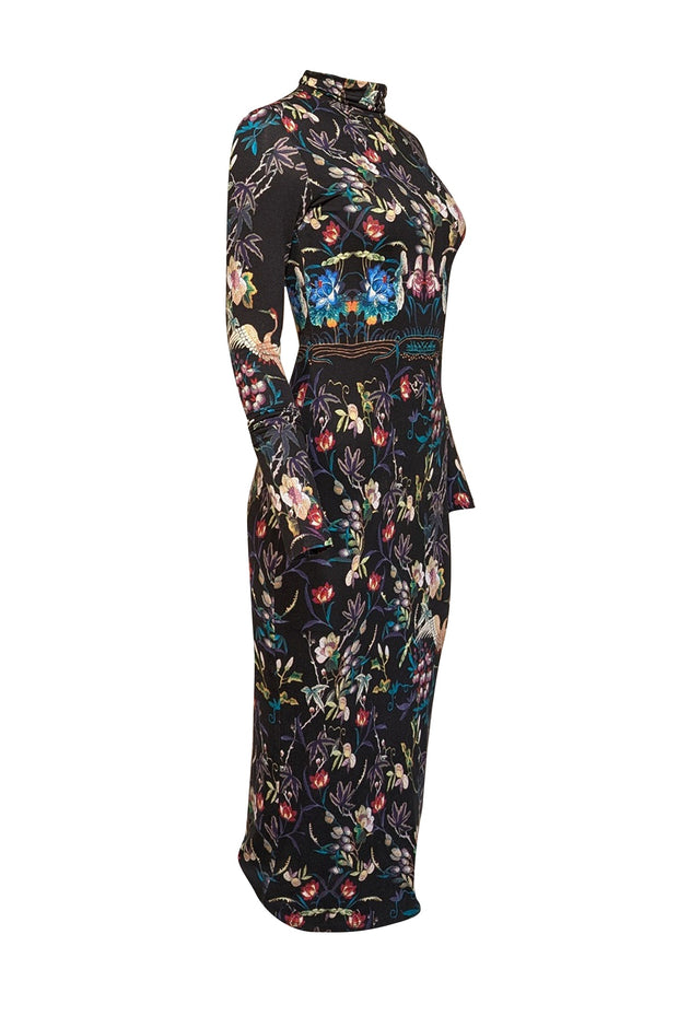 Current Boutique-Alice & Olivia - Black w/ Multicolor Floral Print Turtleneck Midi Dress Sz 4