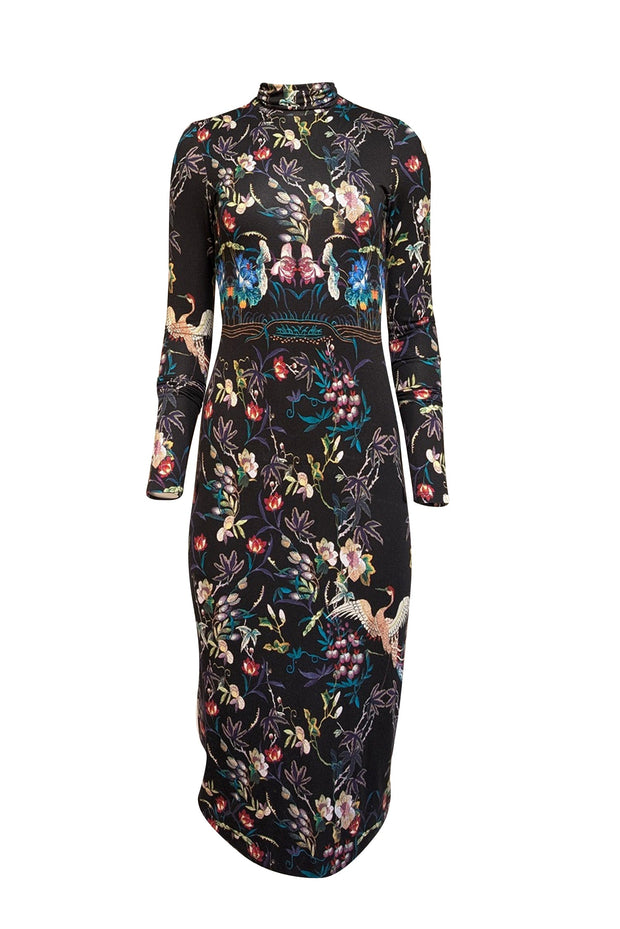 Current Boutique-Alice & Olivia - Black w/ Multicolor Floral Print Turtleneck Midi Dress Sz 4