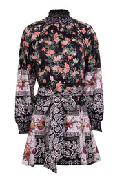 Current Boutique-Alice & Olivia - Black w/ Pink & Green Floral Paisley Print Mock Neck Mini Dress Sz 6