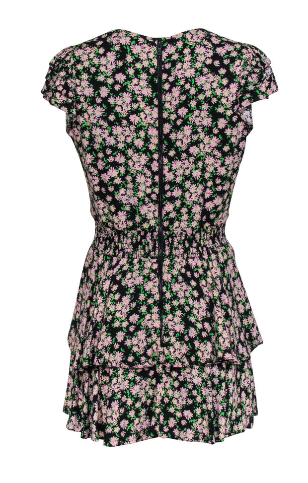 Current Boutique-Alice & Olivia - Black w/ Pink & Green Floral Print Ruffled Romper Sz M