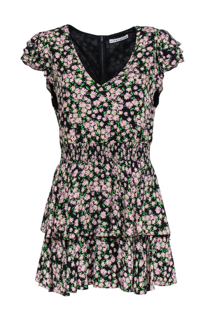 Current Boutique-Alice & Olivia - Black w/ Pink & Green Floral Print Ruffled Romper Sz M