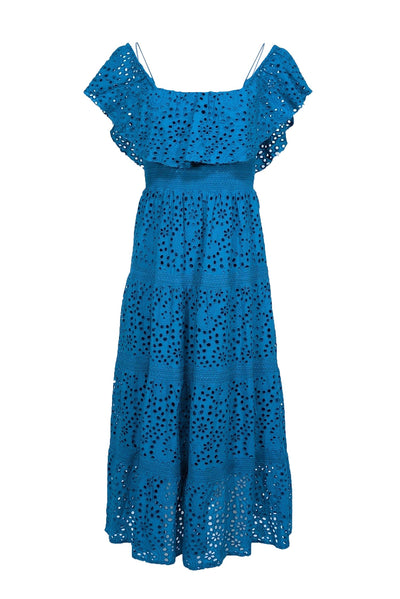 Current Boutique-Alice & Olivia - Blue Floral Eyelet Off-the-Shoulder Midi Dress Sz S