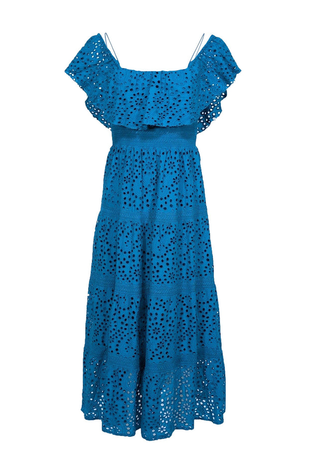 Current Boutique-Alice & Olivia - Blue Floral Eyelet Off-the-Shoulder Midi Dress Sz S