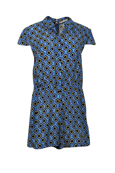 Current Boutique-Alice & Olivia - Blue Geometric Print Short Sleeve Collared Romper Sz S