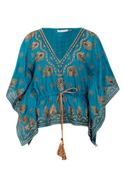 Current Boutique-Alice & Olivia - Blue & Gold Embellished Caftan Top Sz S