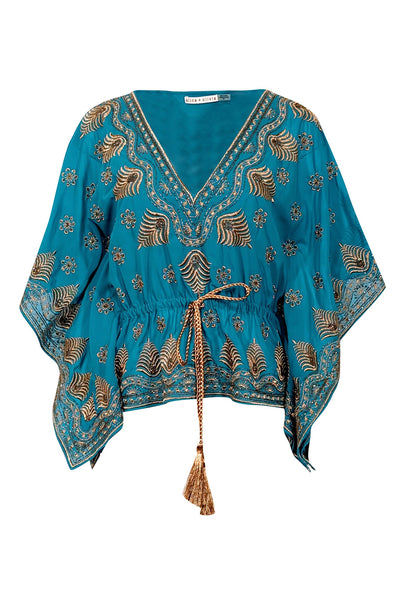 Current Boutique-Alice & Olivia - Blue & Gold Embellished Caftan Top Sz S