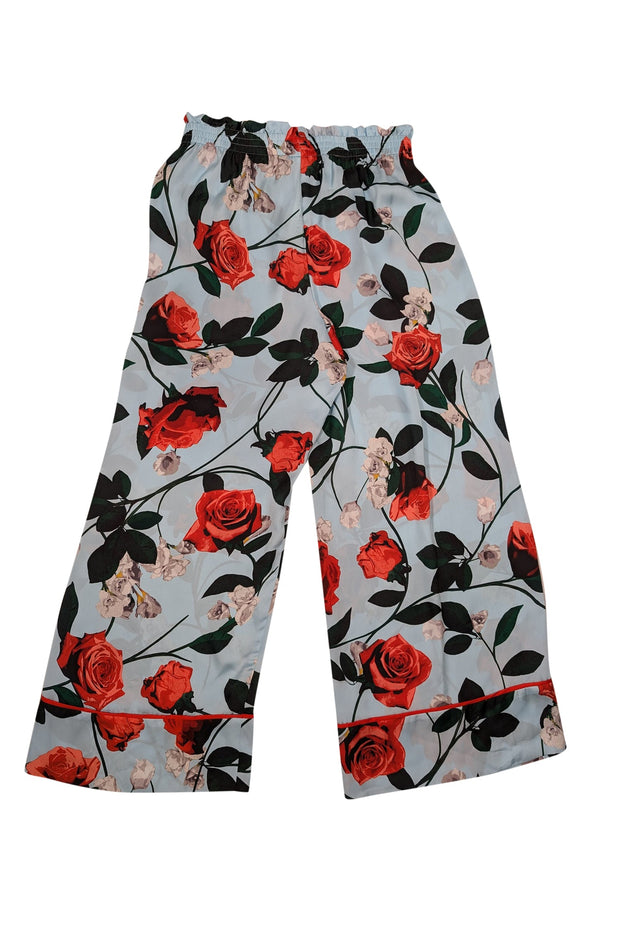 Current Boutique-Alice & Olivia - Blue & Red Rose Print Satin Paperbag Pants Sz M