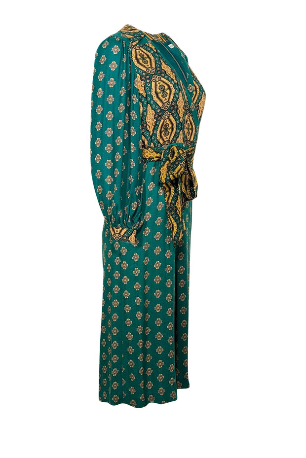 Current Boutique-Alice & Olivia - Green & Gold Print Crop Jumpsuit w/ Waist Tie Sash Sz 2