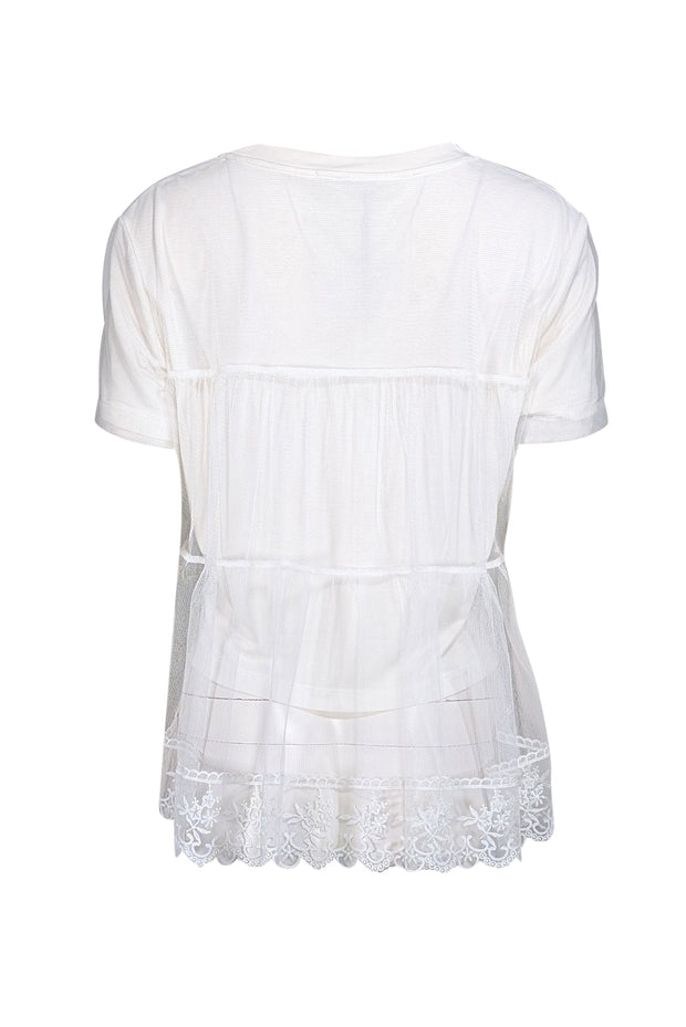 Current Boutique-Alice & Olivia - Ivory Mesh Overlay Short Sleeve Top Sz L