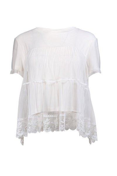 Current Boutique-Alice & Olivia - Ivory Mesh Overlay Short Sleeve Top Sz L