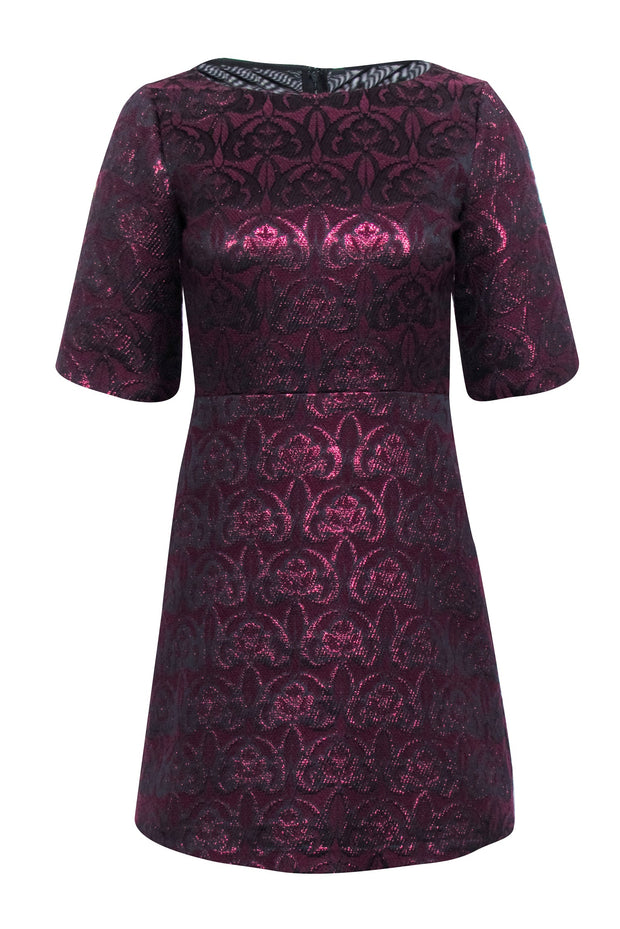 Current Boutique-Alice & Olivia - Maroon Brocade Metallic Floral Print Mini Dress Sz 2