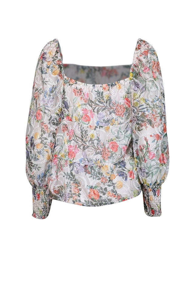 Current Boutique-Alice & Olivia - Off-White & Multicolor Floral Eyelet Lace Embroidered Blouse Sz S