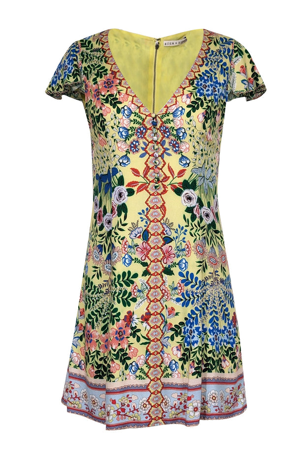 Current Boutique-Alice & Olivia - Pale Yellow w/ Multicolor Floral Print Flutter Sleeve Dress Sz 2