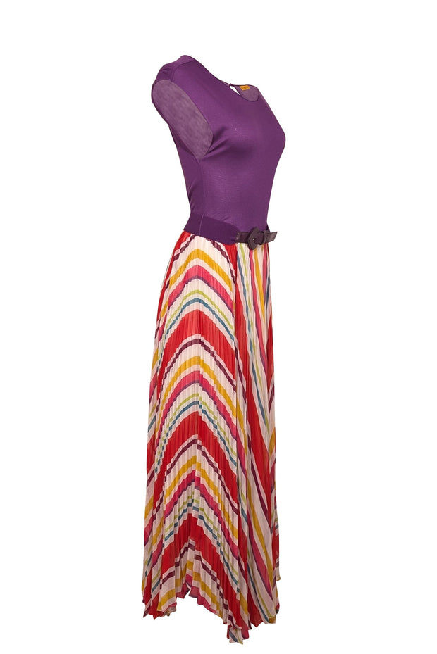 Current Boutique-Alice & Olivia - Purple & Multicolor Striped Sleeveless w/ Purple Belt Maxi Dress Sz M